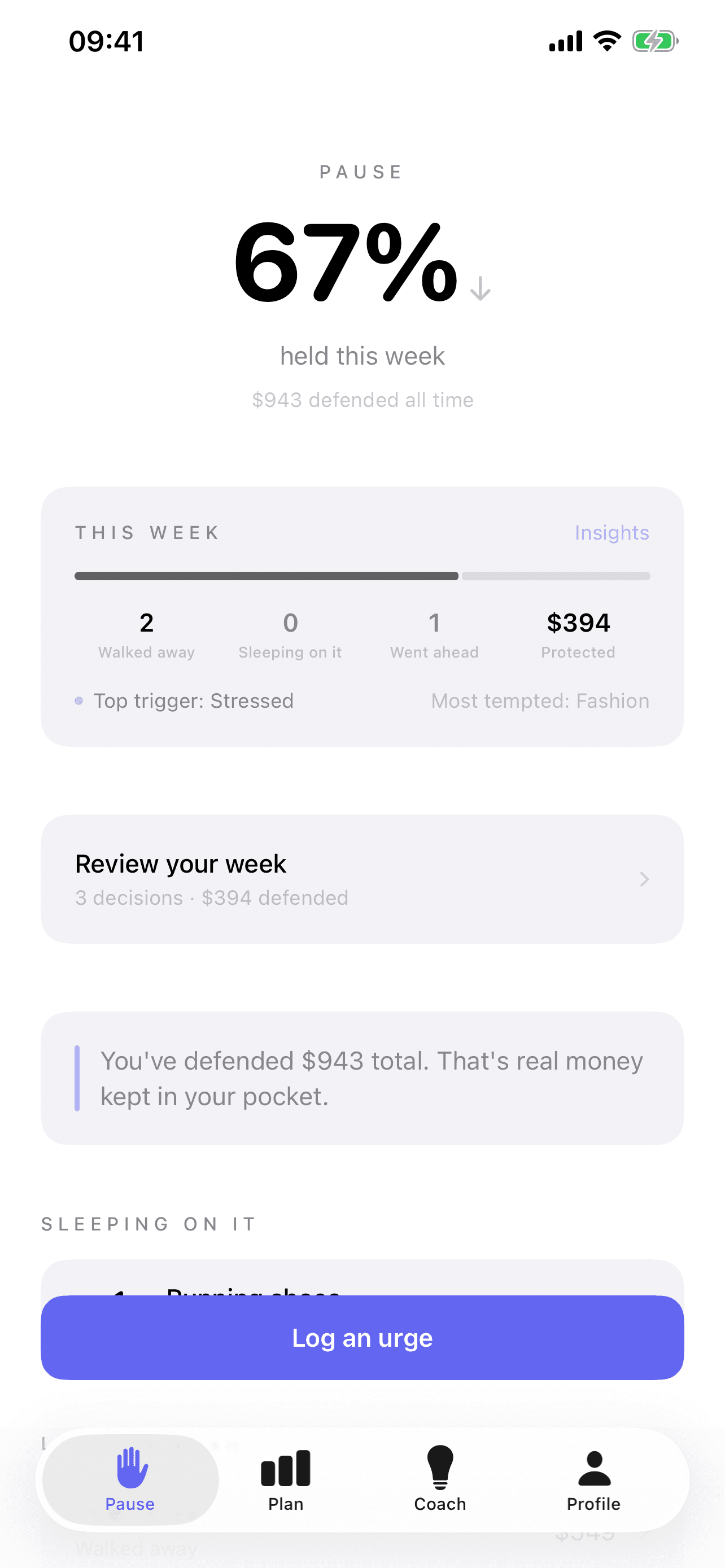Axyom Pause screen — track your spending decisions