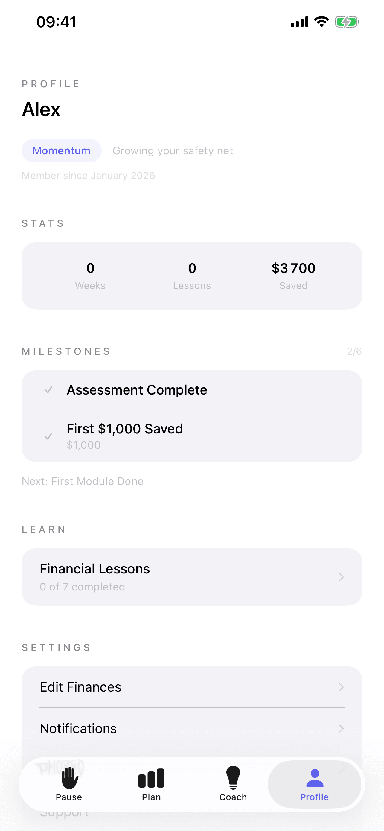 Profile — Stage progress and milestones