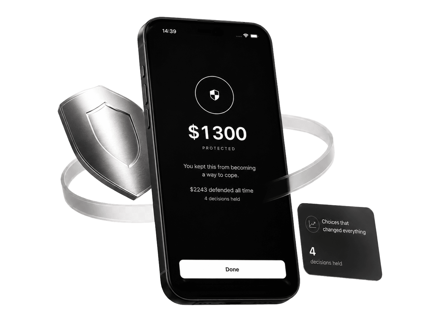 Axyom screen showing money protected and added to a safety net