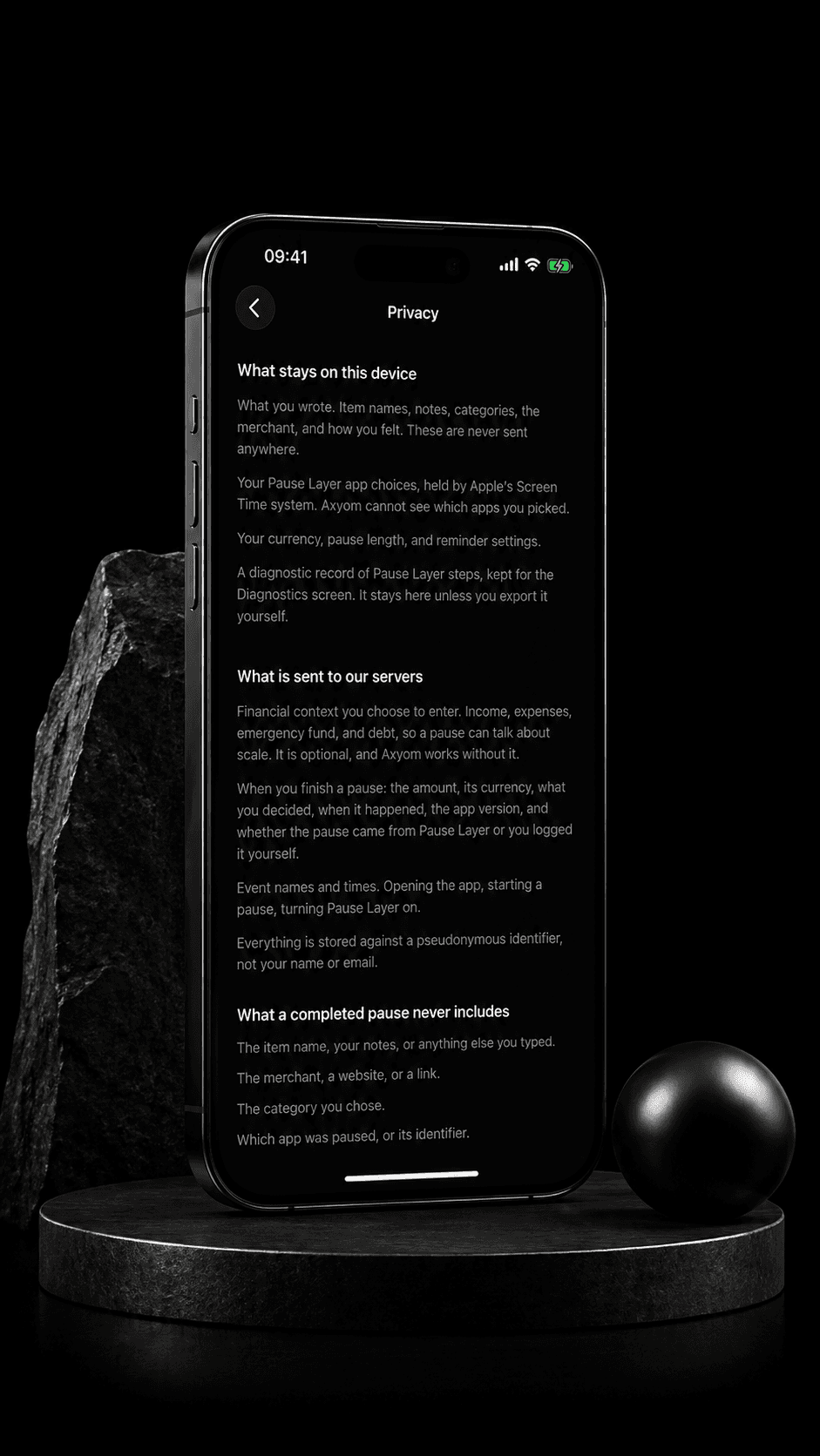 The Axyom privacy screen: what stays on this device and what a completed pause never includes